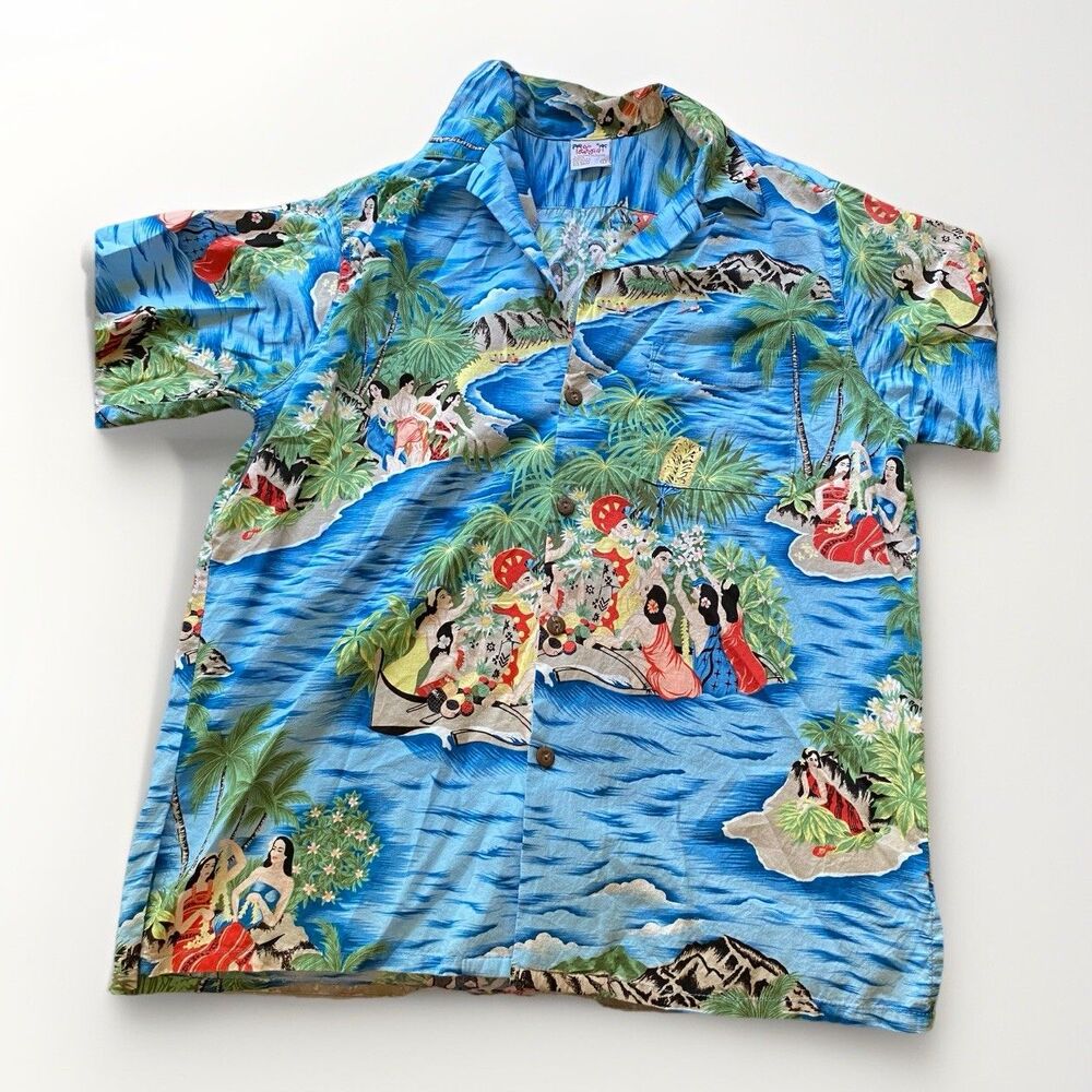 Go Barefoot Hawaiian Hula Girls Loop Collar Mens Large Shirt USA Made